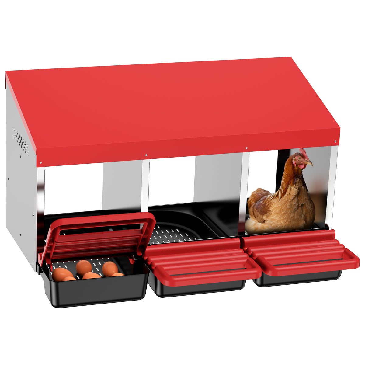 Chicken Nesting Boxes, 3 Hole Metal Chicken Egg Laying Box with Swing Perch and Rollout Egg Collection for Chicken Coop