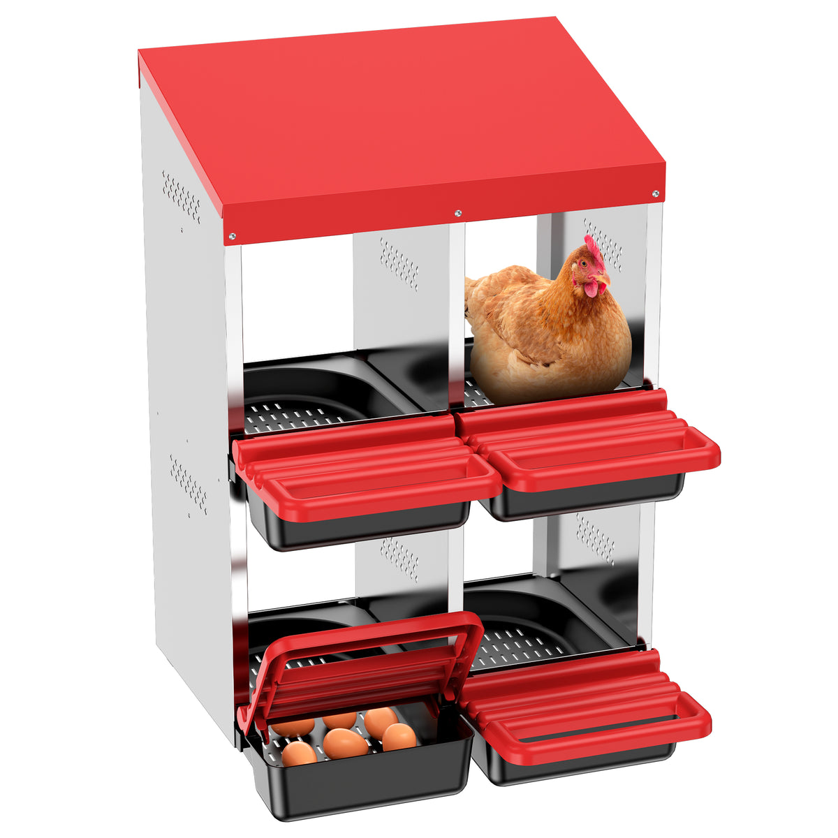 Two-Tier Chicken Nesting Box, 4 Hole Metal Chicken Egg Laying Box with Swing Perch and Rollout Egg Collection for Chicken Coop