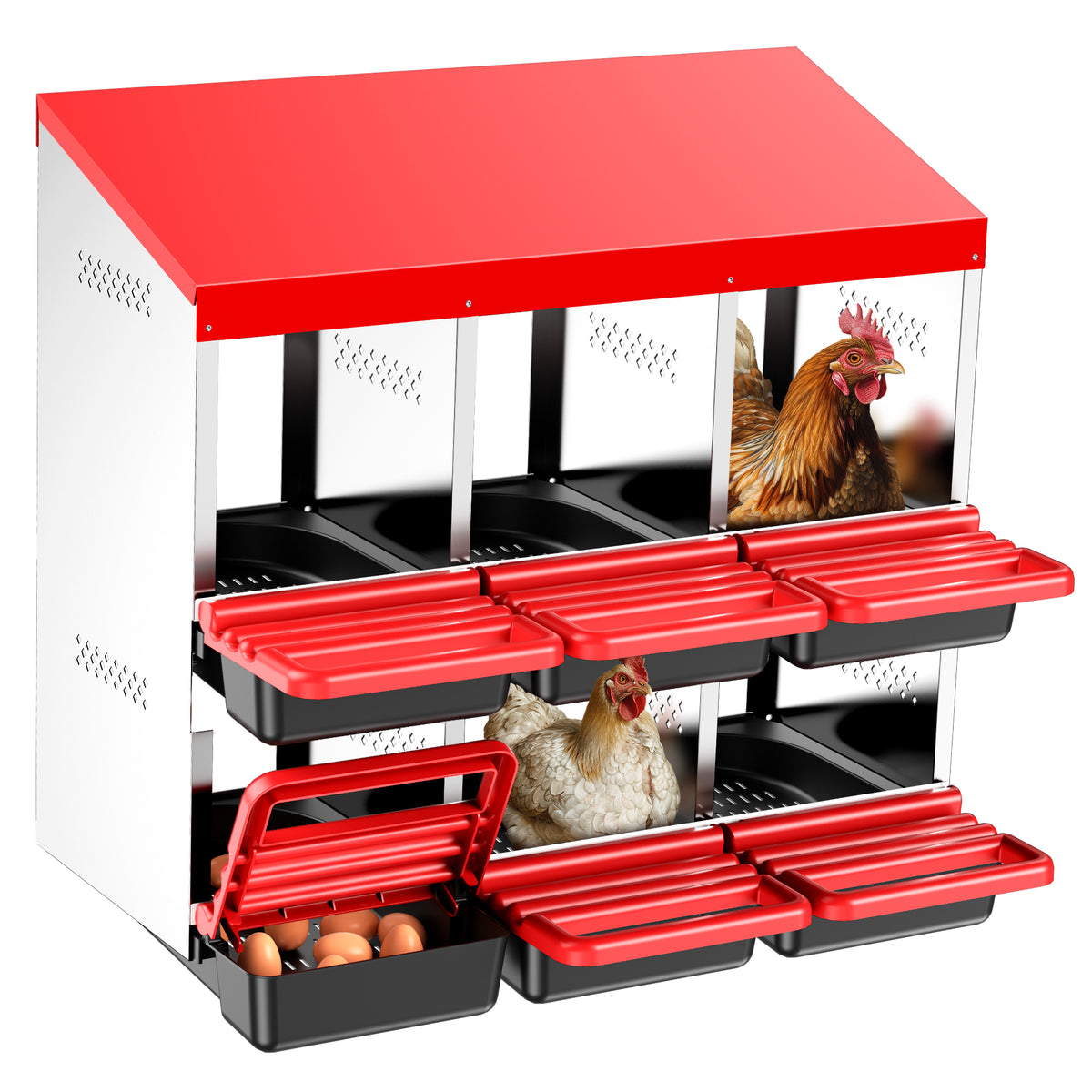 Two-Tier Chicken Nesting Box, 6 Hole Metal Chicken Egg Laying Box with Swing Perch and Rollout Egg Collection for Chicken Coop