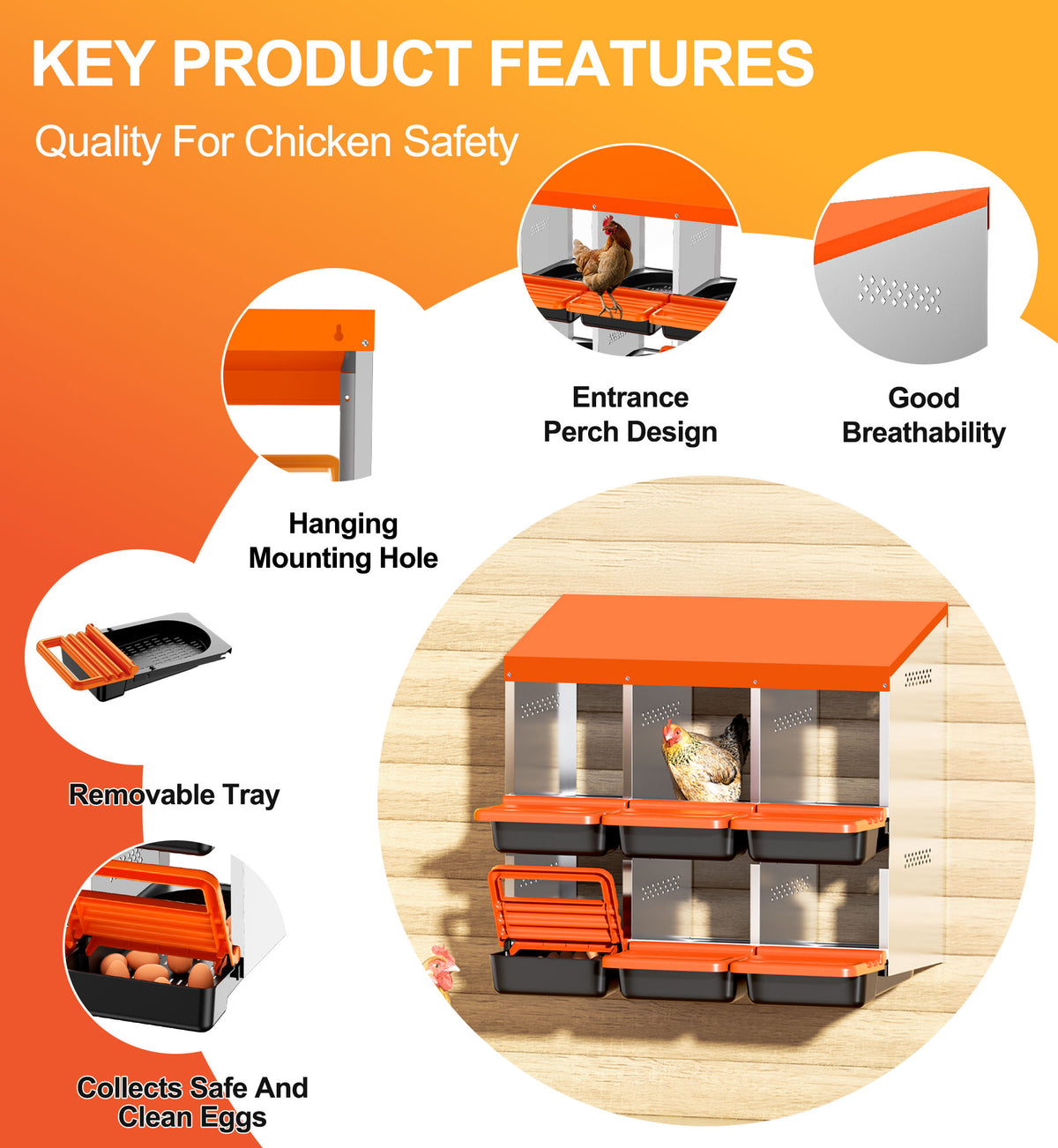 Two-Tier Chicken Nesting Box, 6 Hole Metal Chicken Egg Laying Box with Swing Perch and Rollout Egg Collection for Chicken Coop