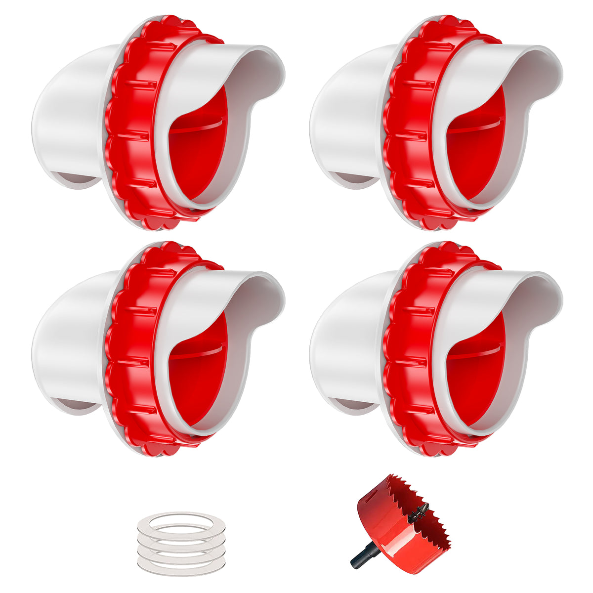 Chicken Feeders No Waste, DIY Automatic Poultry Feeder 4 Ports 1 Hole Saw with Covers Gravity Feed Kit for Buckets Barrels Bins Troughs Red