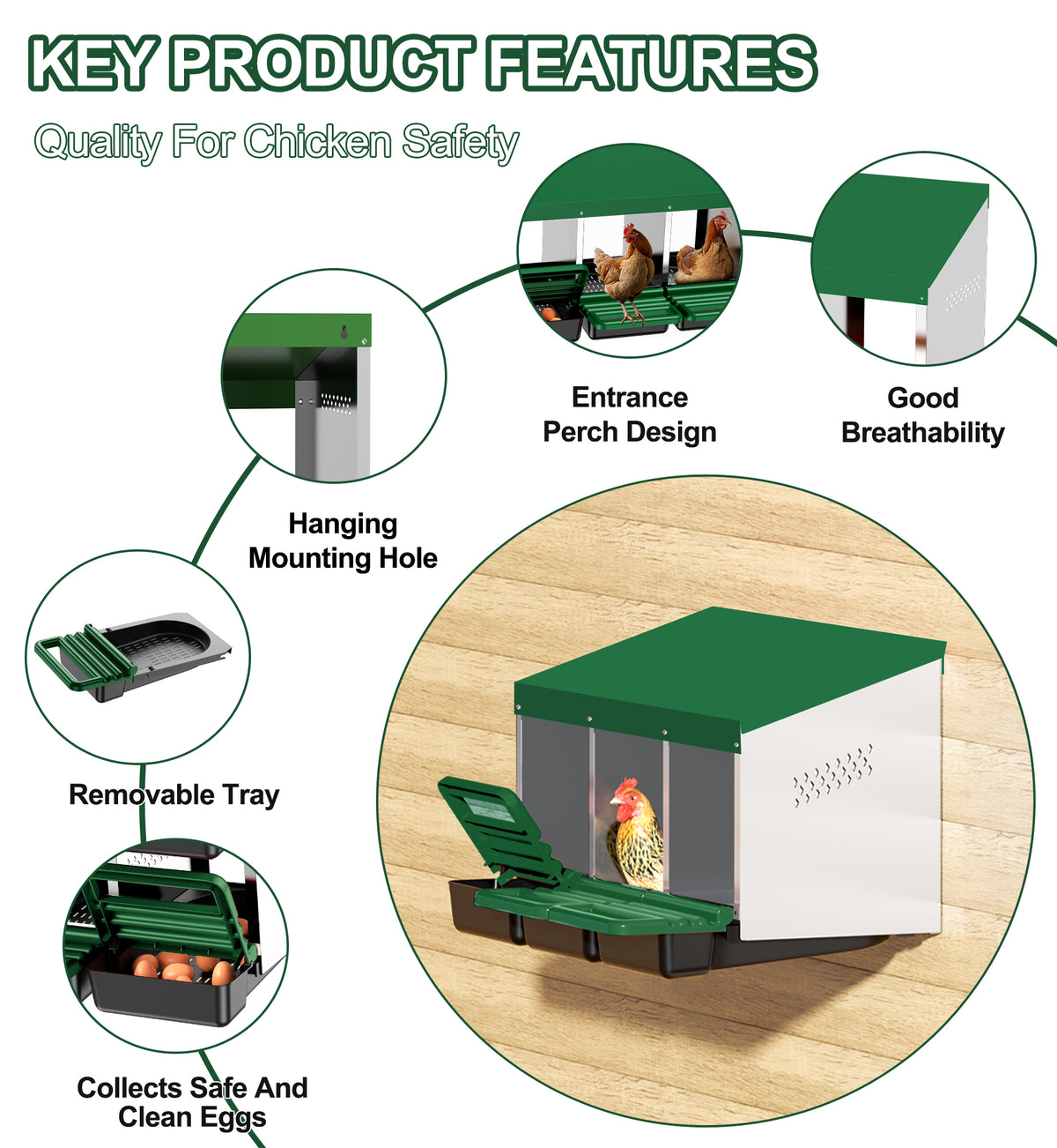 Chicken Nesting Boxes, 3 Hole Metal Chicken Egg Laying Box with Swing Perch and Rollout Egg Collection for Chicken Coop