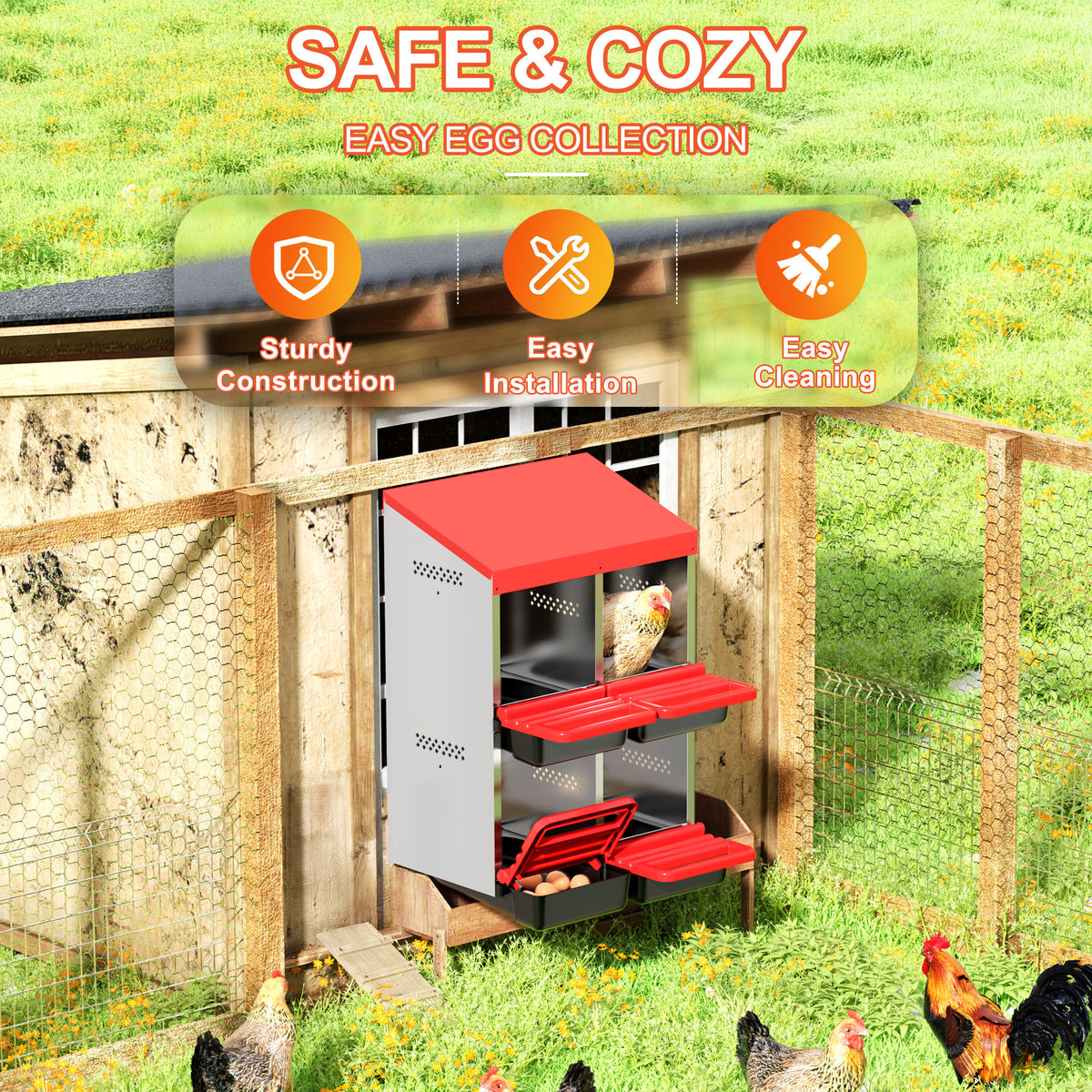 Two-Tier Chicken Nesting Box, 4 Hole Metal Chicken Egg Laying Box with Swing Perch and Rollout Egg Collection for Chicken Coop