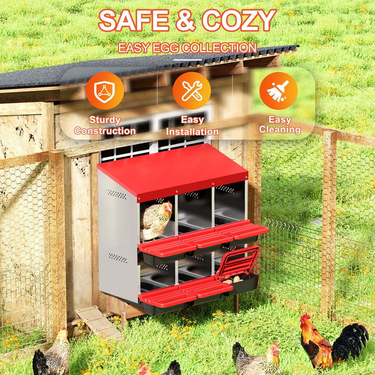 Two-Tier Chicken Nesting Box, 6 Hole Metal Chicken Egg Laying Box with Swing Perch and Rollout Egg Collection for Chicken Coop