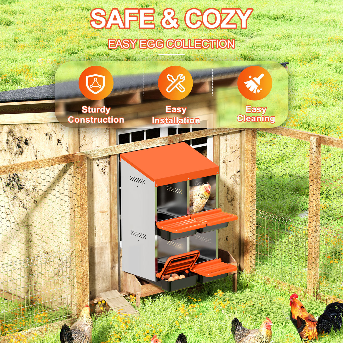 Two-Tier Chicken Nesting Box, 4 Hole Metal Chicken Egg Laying Box with Swing Perch and Rollout Egg Collection for Chicken Coop