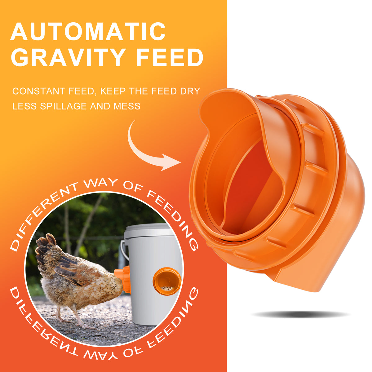 Chicken Feeders No Waste, DIY Automatic Poultry Feeder 4 Ports 1 Hole Saw with Covers Gravity Feed Kit for Buckets Barrels Bins Troughs Orange
