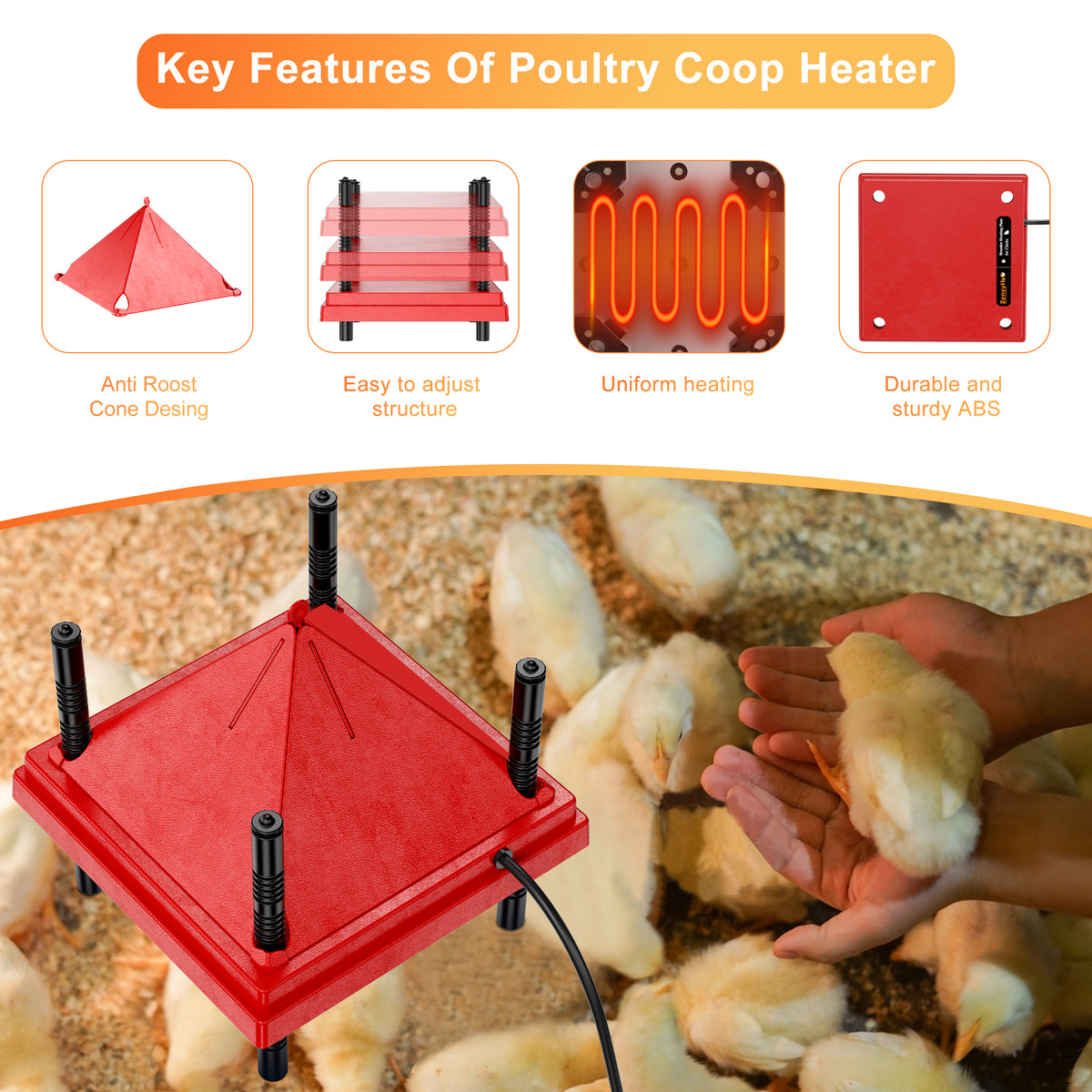 Brooder Heater Plate for Chicks with Anti Roost Cone, 10" x 10" Chick Heating Plate
