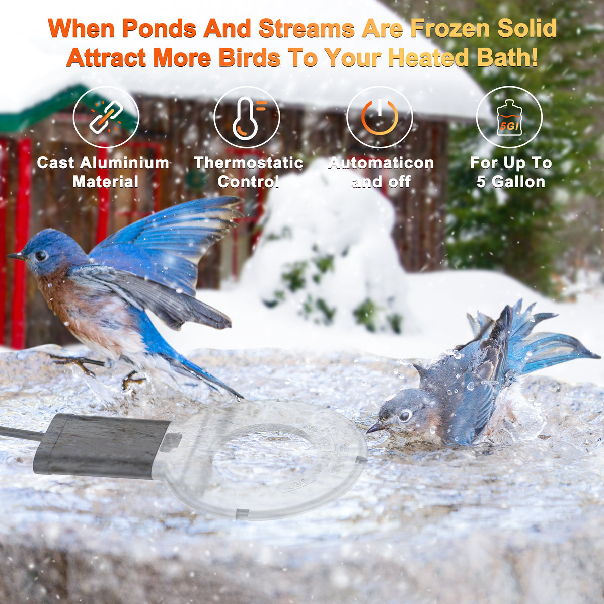 250W Submergible Cast Aluminum Utility Multi-use De-Icer for Bird Bath Chicken Water Heater Livestock up to 25 Gallon
