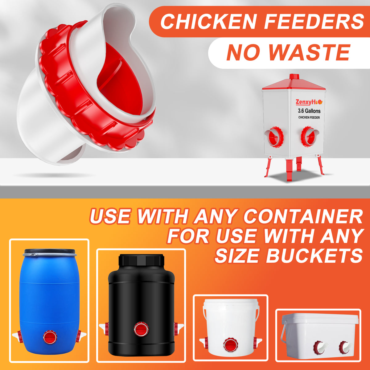 Chicken Feeders No Waste, DIY Automatic Poultry Feeder 4 Ports 1 Hole Saw with Covers Gravity Feed Kit for Buckets Barrels Bins Troughs Red