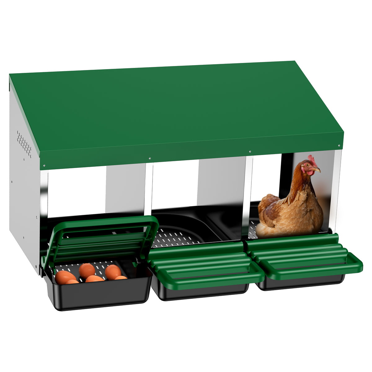 Chicken Nesting Boxes, 3 Hole Metal Chicken Egg Laying Box with Swing Perch and Rollout Egg Collection for Chicken Coop
