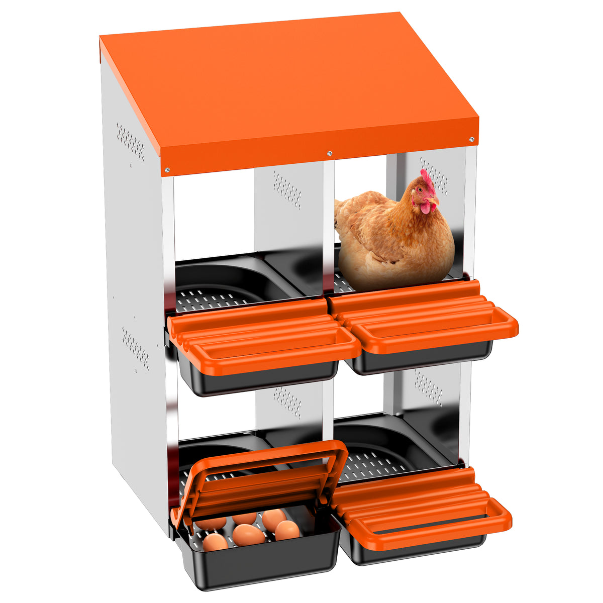 Two-Tier Chicken Nesting Box, 4 Hole Metal Chicken Egg Laying Box with Swing Perch and Rollout Egg Collection for Chicken Coop