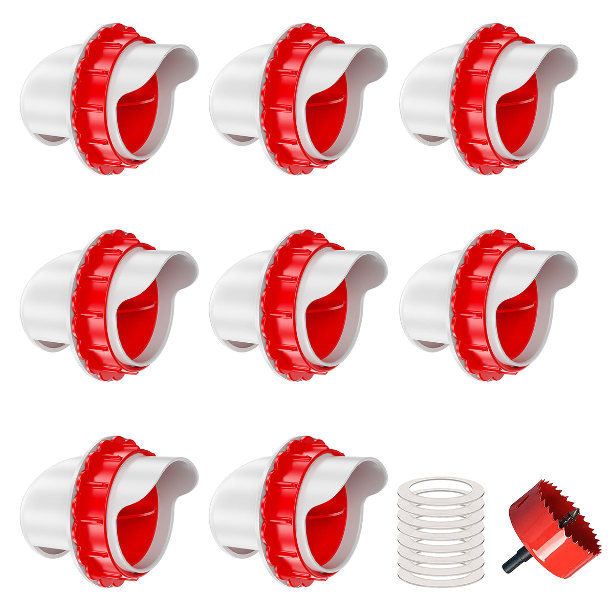 Chicken Feeders No Waste, DIY Automatic Poultry Feeder 4 Ports 1 Hole Saw with Covers Gravity Feed Kit for Buckets Barrels Bins Troughs Red