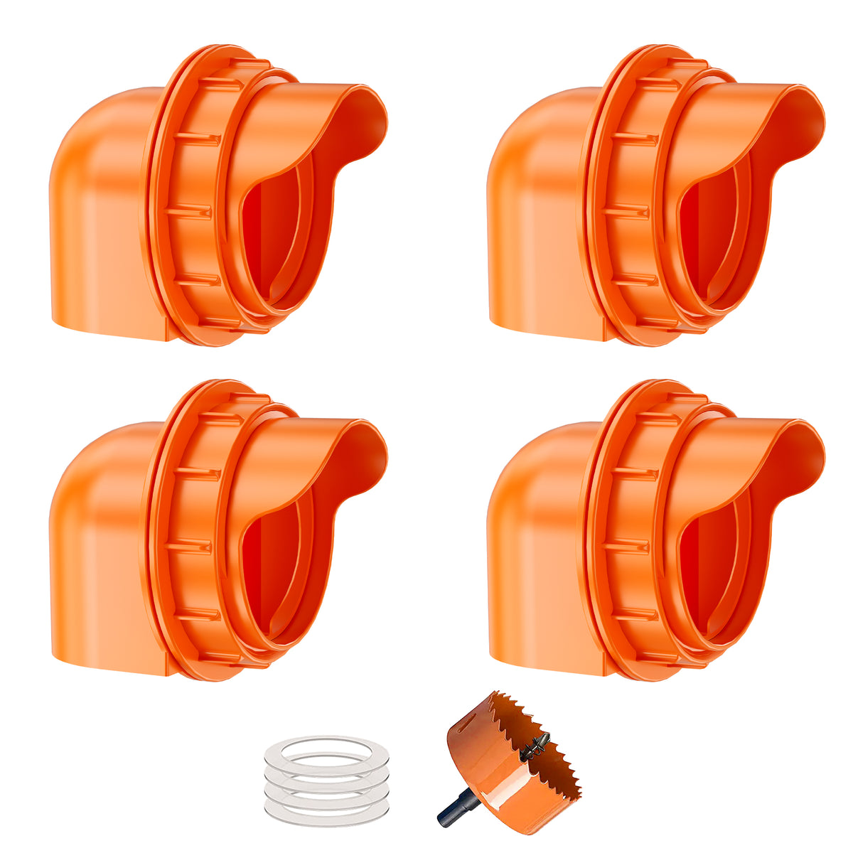 Chicken Feeders No Waste, DIY Automatic Poultry Feeder 4 Ports 1 Hole Saw with Covers Gravity Feed Kit for Buckets Barrels Bins Troughs Orange