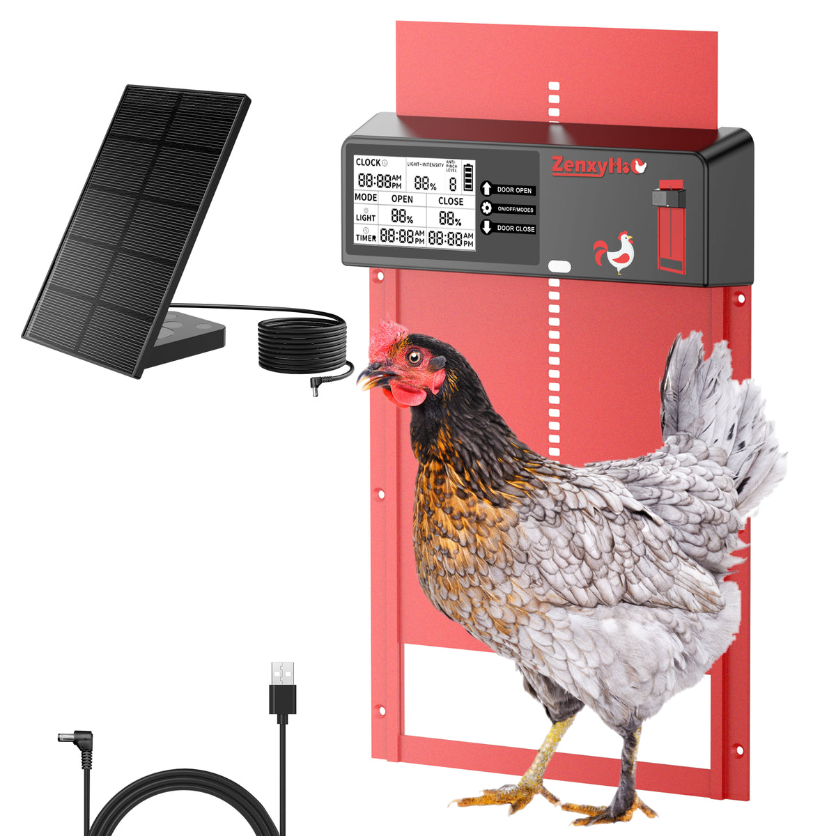 Automatic Chicken Coop Door Solar Powered with Programmable LCD Display, Aluminum Chicken Door with 4 Operating Modes Controlled by Timer and Light Sensor