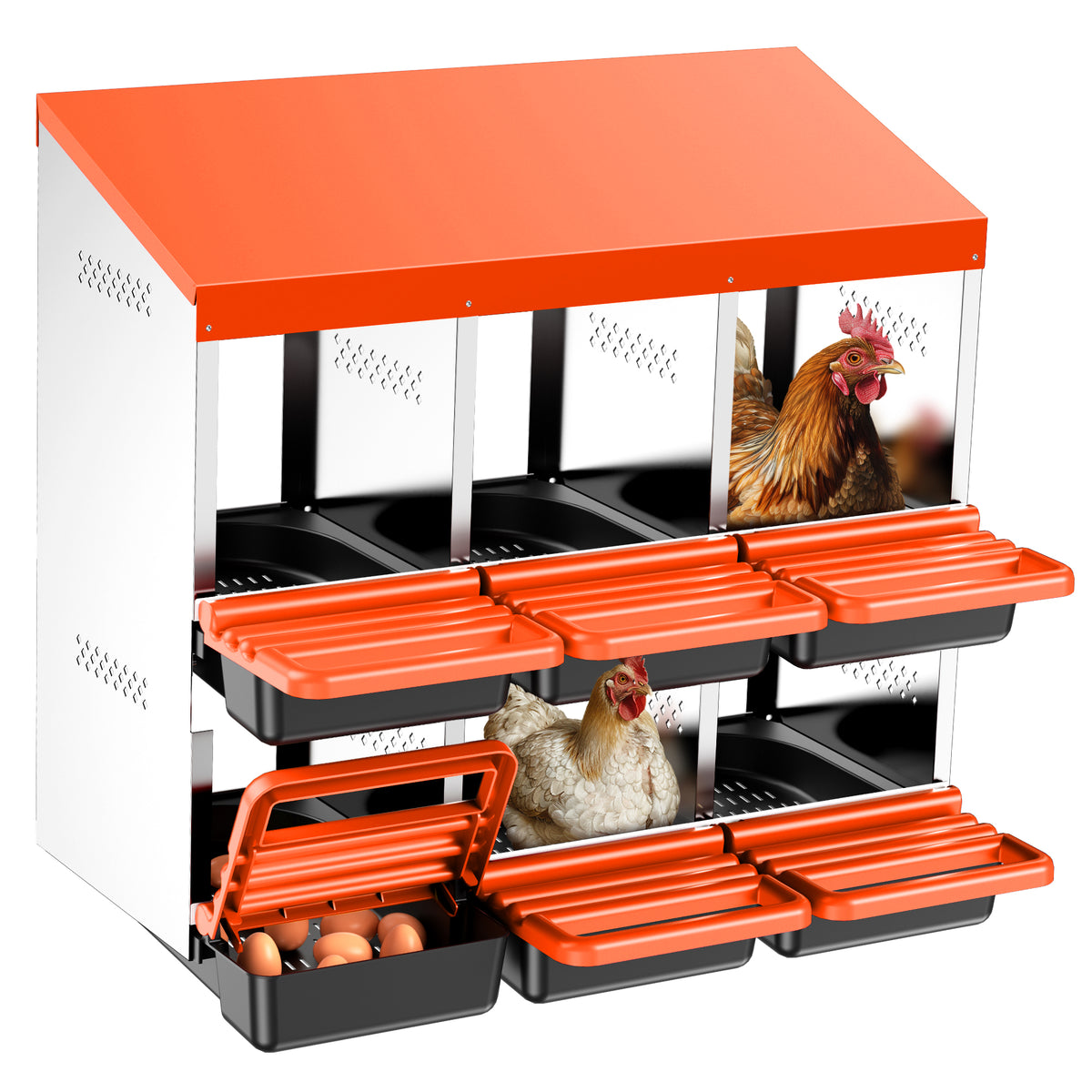 Two-Tier Chicken Nesting Box, 6 Hole Metal Chicken Egg Laying Box with Swing Perch and Rollout Egg Collection for Chicken Coop