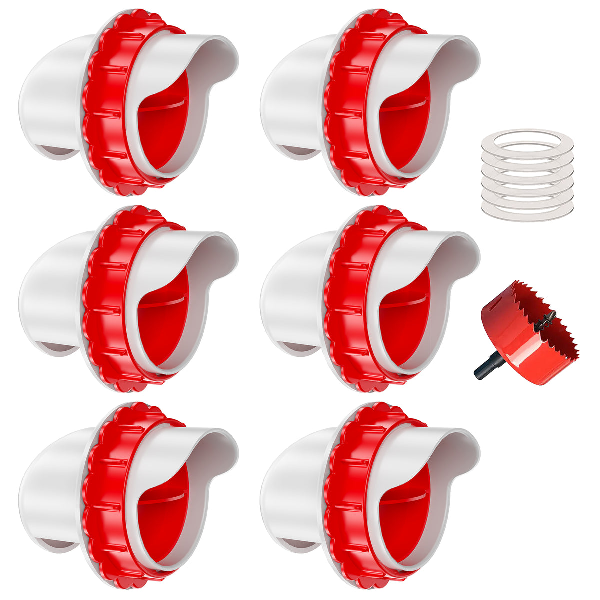 Chicken Feeders No Waste, DIY Automatic Poultry Feeder 4 Ports 1 Hole Saw with Covers Gravity Feed Kit for Buckets Barrels Bins Troughs Red