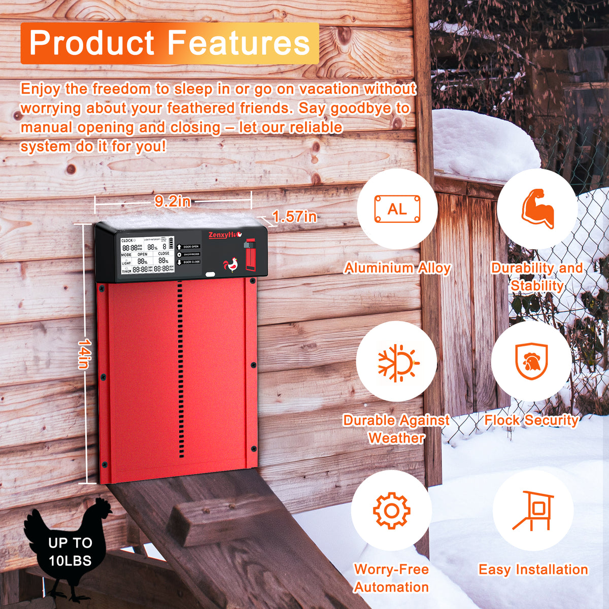 Automatic Chicken Coop Door Solar Powered with Programmable LCD Display, Aluminum Chicken Door with 4 Operating Modes Controlled by Timer and Light Sensor