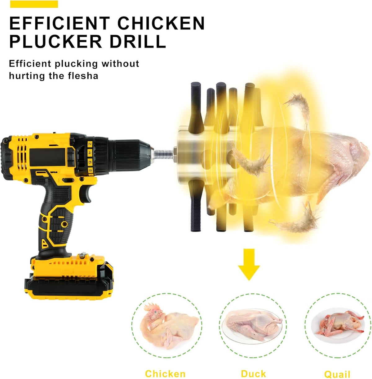 Chicken Plucker Drill Attachment, 3/8" MPT Shank Stainless Steel Chicken Plucker Machine, 18 Soft Fingers Poultry Defeathering Machine for Chicken Turkey Pheasant