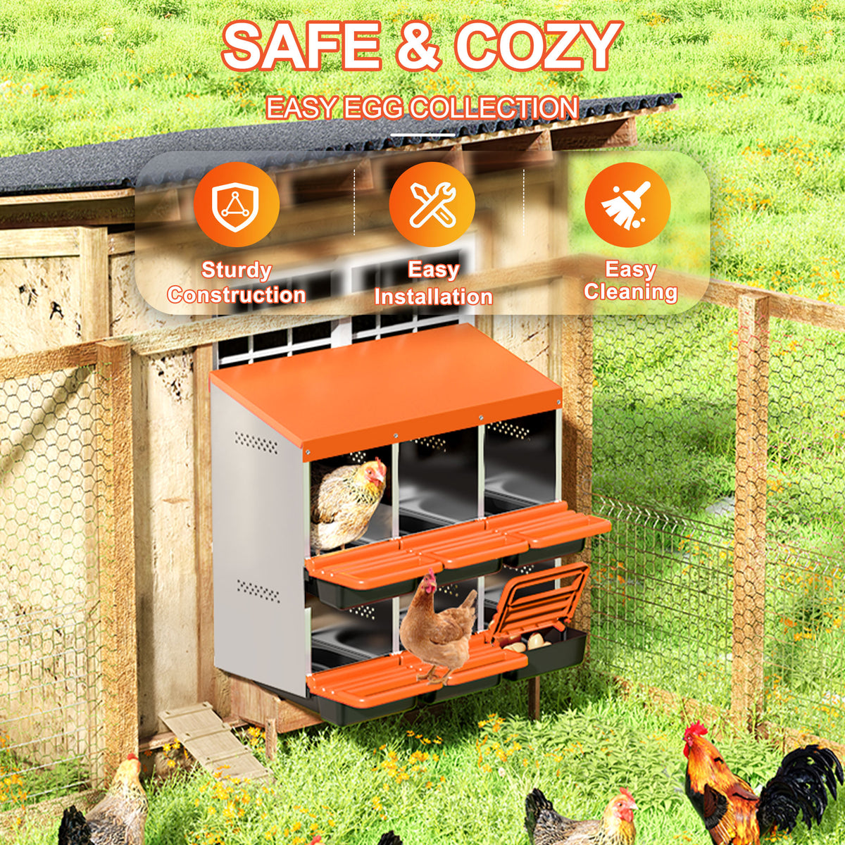 Two-Tier Chicken Nesting Box, 6 Hole Metal Chicken Egg Laying Box with Swing Perch and Rollout Egg Collection for Chicken Coop