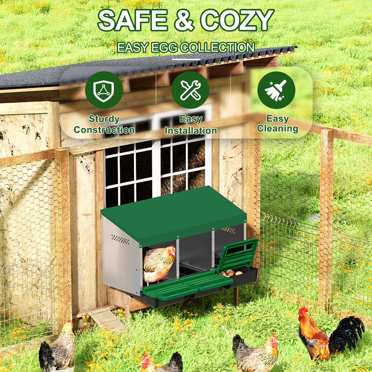 Chicken Nesting Boxes, 3 Hole Metal Chicken Egg Laying Box with Swing Perch and Rollout Egg Collection for Chicken Coop