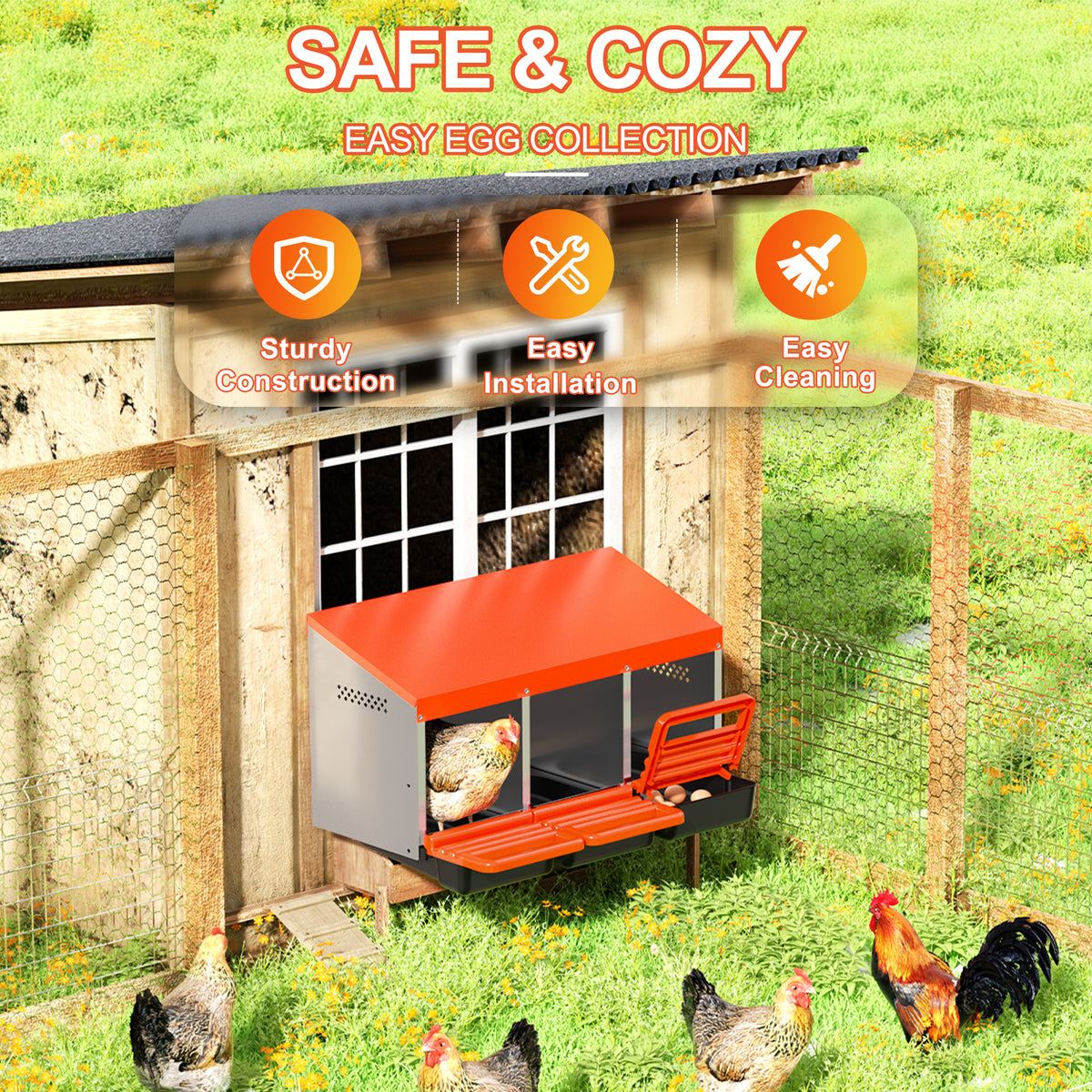 Chicken Nesting Boxes, 3 Hole Metal Chicken Egg Laying Box with Swing Perch and Rollout Egg Collection for Chicken Coop