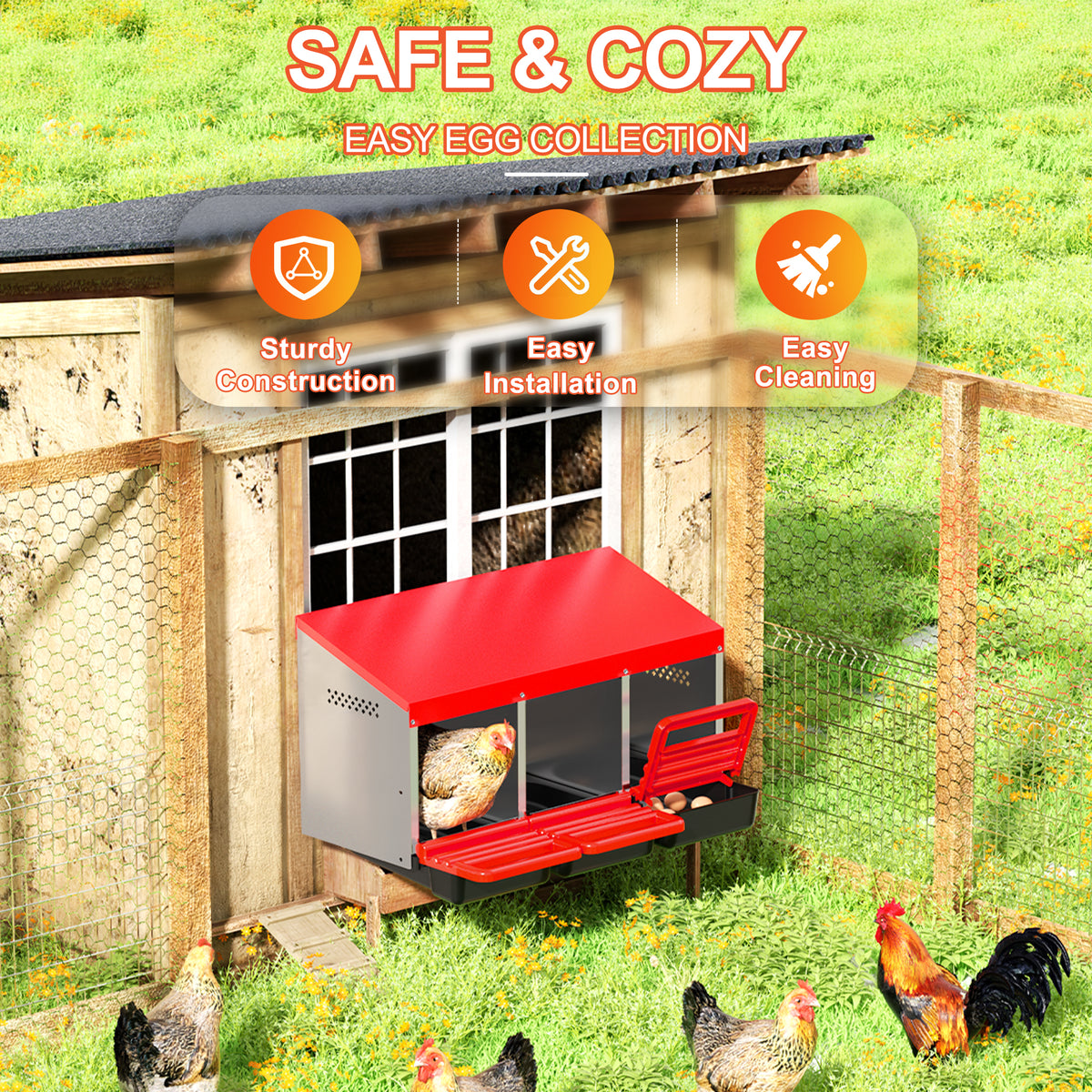 Chicken Nesting Boxes, 3 Hole Metal Chicken Egg Laying Box with Swing Perch and Rollout Egg Collection for Chicken Coop