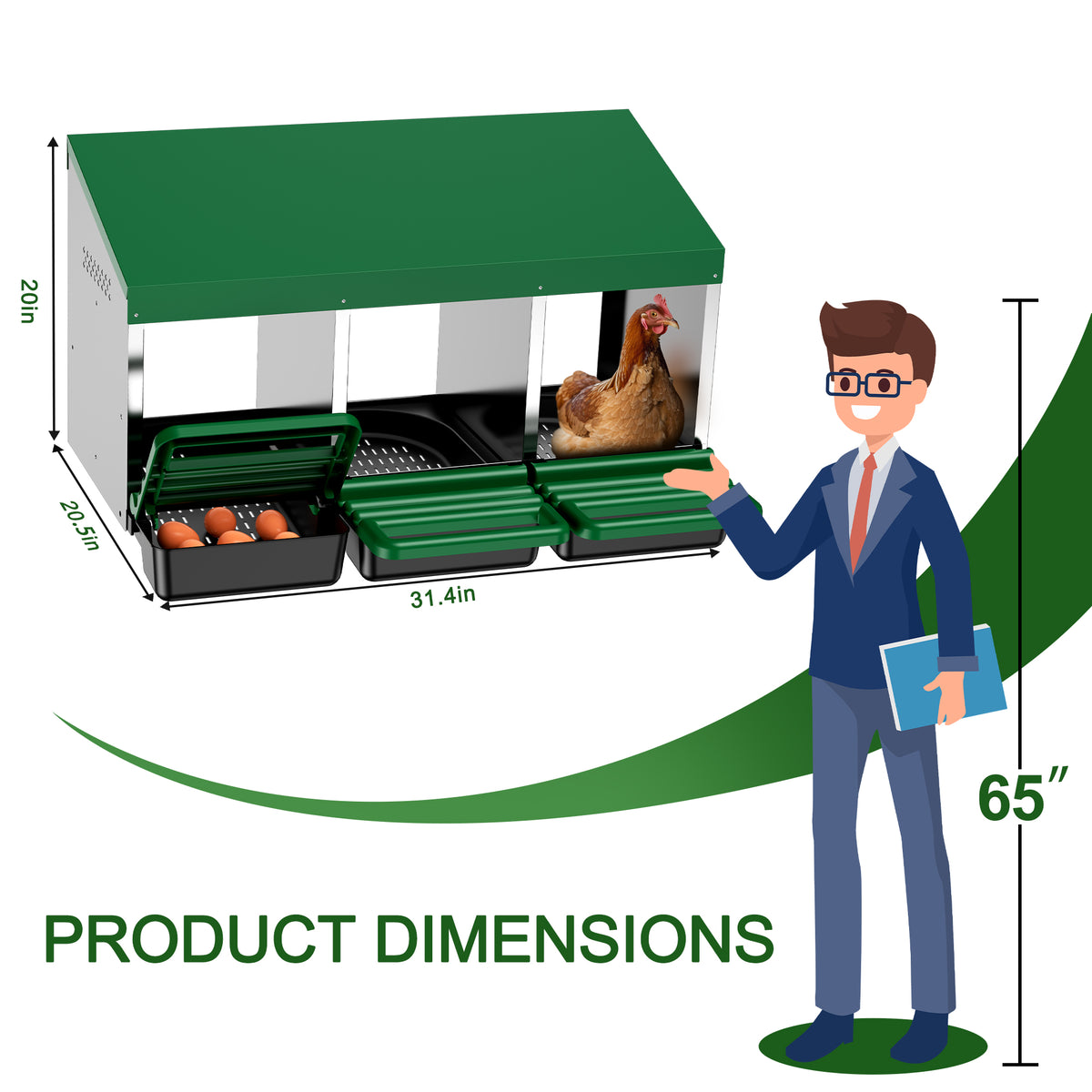 Chicken Nesting Boxes, 3 Hole Metal Chicken Egg Laying Box with Swing Perch and Rollout Egg Collection for Chicken Coop