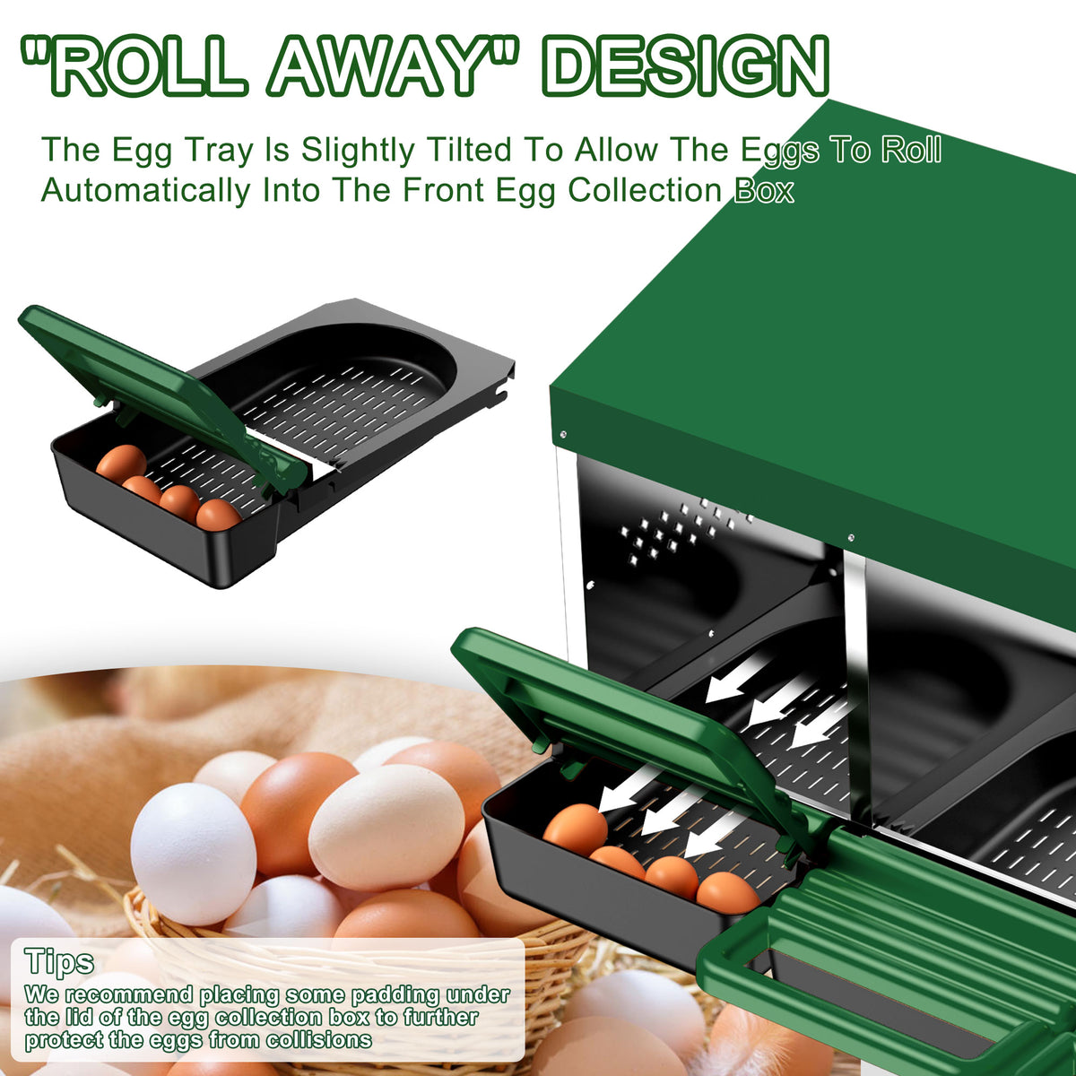 Chicken Nesting Boxes, 3 Hole Metal Chicken Egg Laying Box with Swing Perch and Rollout Egg Collection for Chicken Coop