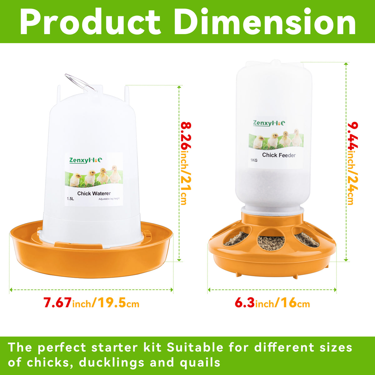 Chick Feeder and Waterer Kit, 2.2LBS Chick Feeder and 0.4Gal Chick Waterer with 3 Adjustable Heights Combo for Baby Chicken Duck Brooder