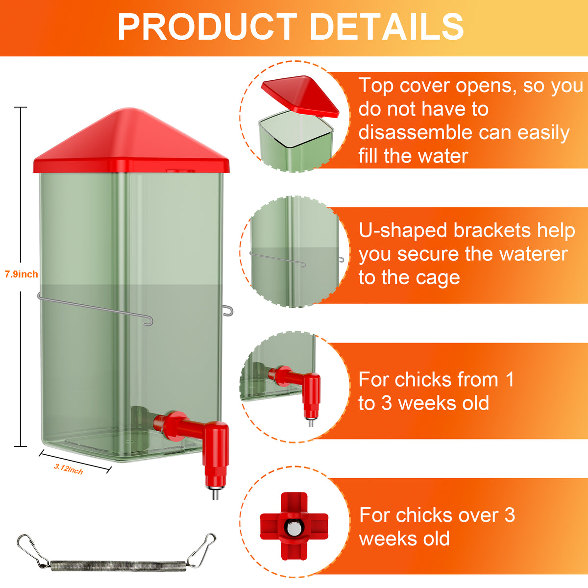 Baby Chick Waterer 0.26 Gal with Versatile- and Horizontal Nipple Drinker