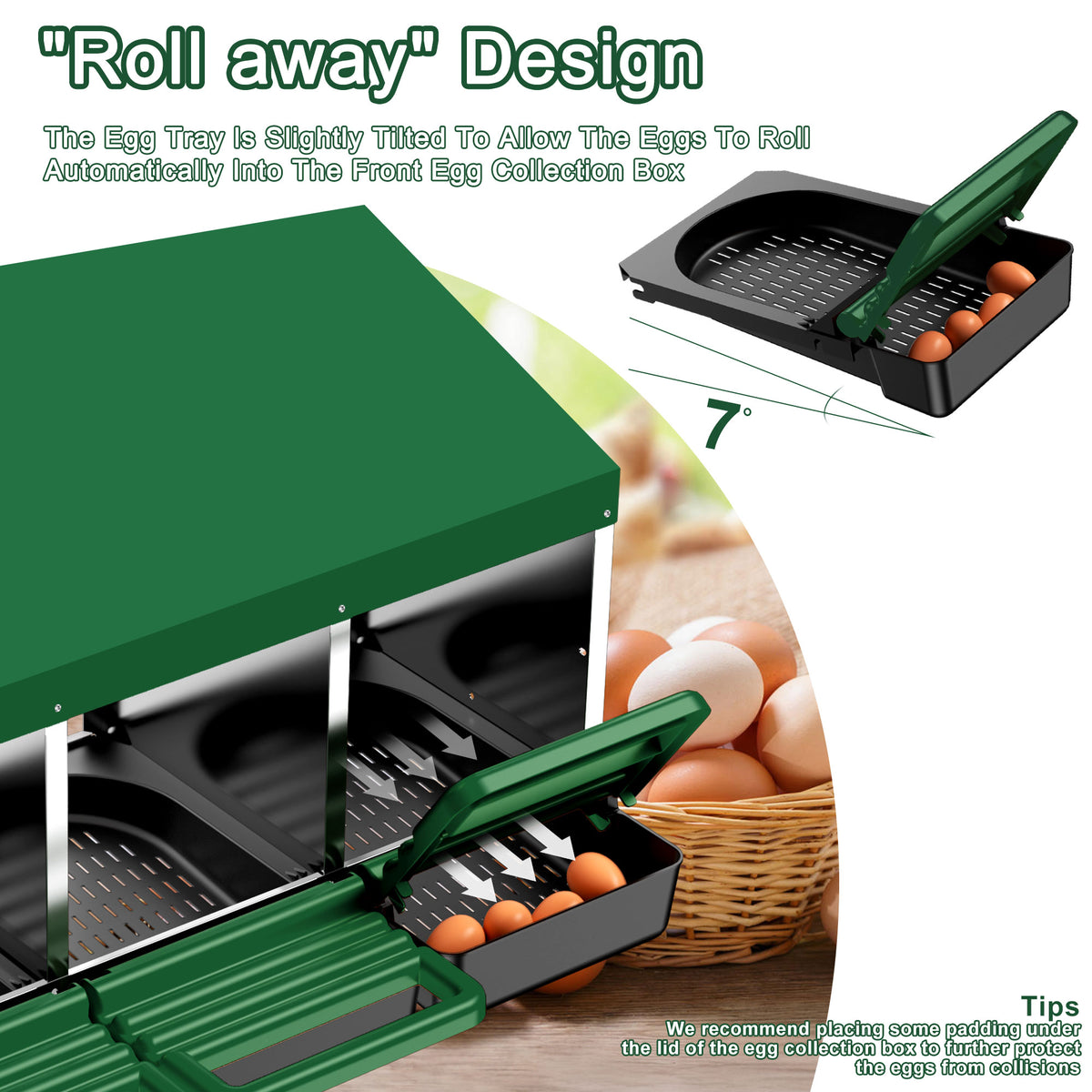 Chicken Nesting Boxes, 3 Hole Metal Chicken Egg Laying Box with Swing Perch and Rollout Egg Collection for Chicken Coop
