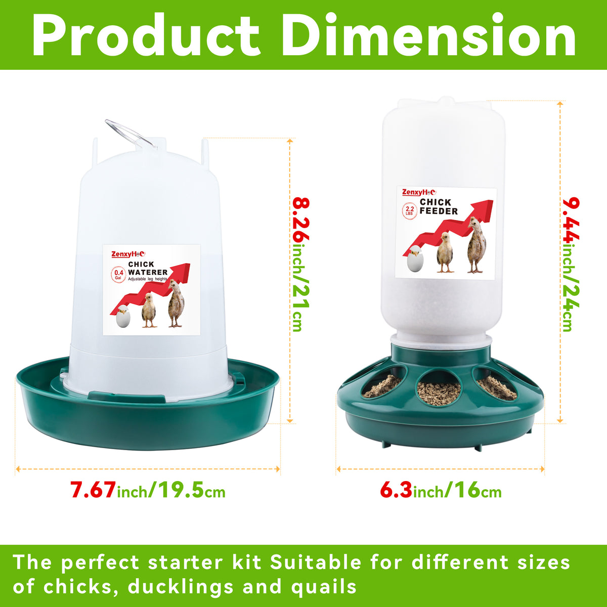 Chick Feeder and Waterer Kit, 2.2LBS Chick Feeder and 0.4Gal Chick Waterer with 3 Adjustable Heights Combo for Baby Chicken Duck Brooder