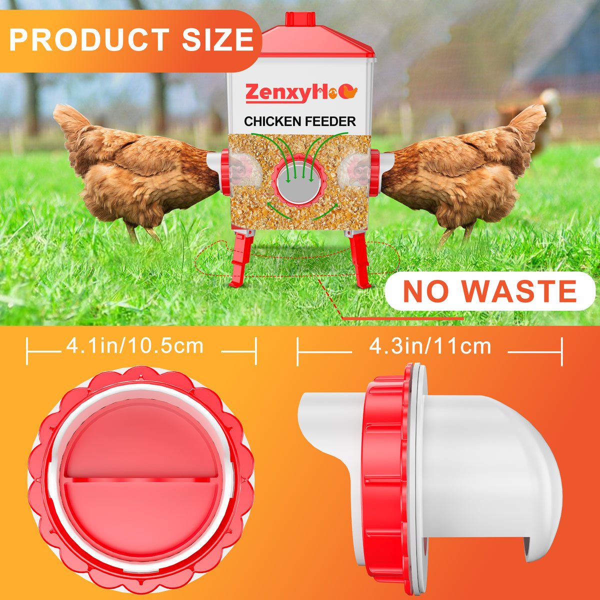 Chicken Feeders No Waste, DIY Automatic Poultry Feeder 4 Ports 1 Hole Saw with Covers Gravity Feed Kit for Buckets Barrels Bins Troughs Red