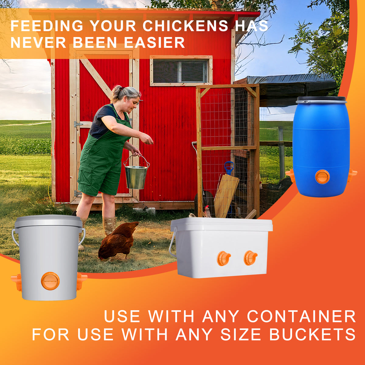 Chicken Feeders No Waste, DIY Automatic Poultry Feeder 4 Ports 1 Hole Saw with Covers Gravity Feed Kit for Buckets Barrels Bins Troughs Orange