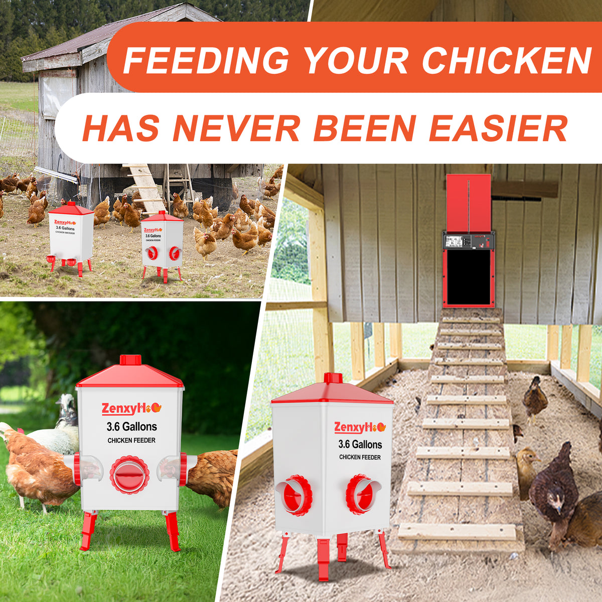 Chicken Feeders No Waste, DIY Automatic Poultry Feeder 4 Ports 1 Hole Saw with Covers Gravity Feed Kit for Buckets Barrels Bins Troughs Red