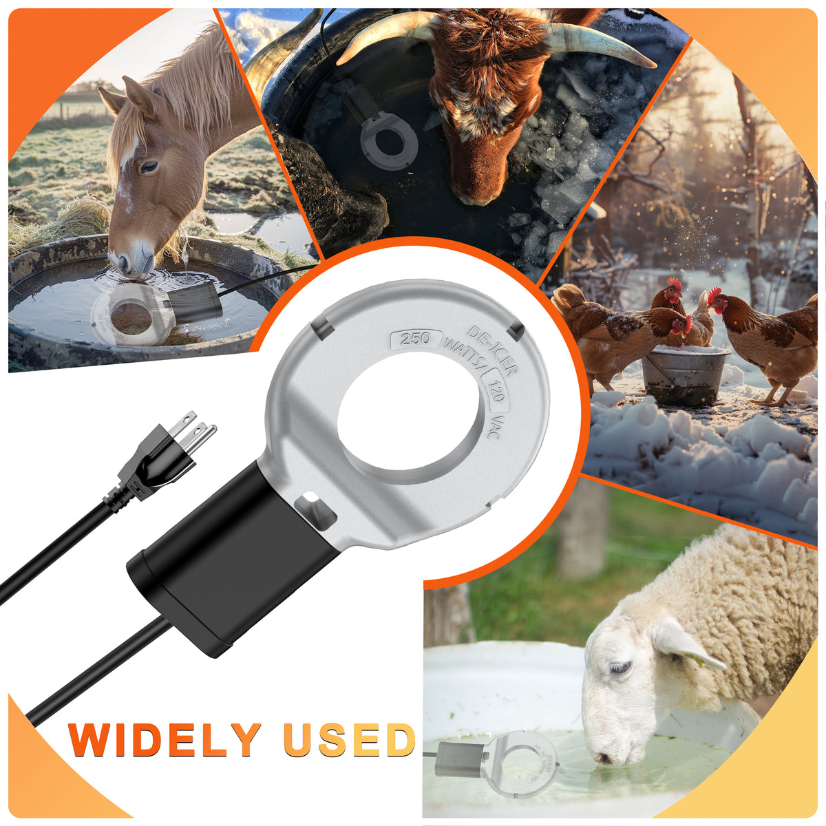 250W Submergible Cast Aluminum Utility Multi-use De-Icer for Bird Bath Chicken Water Heater Livestock up to 25 Gallon